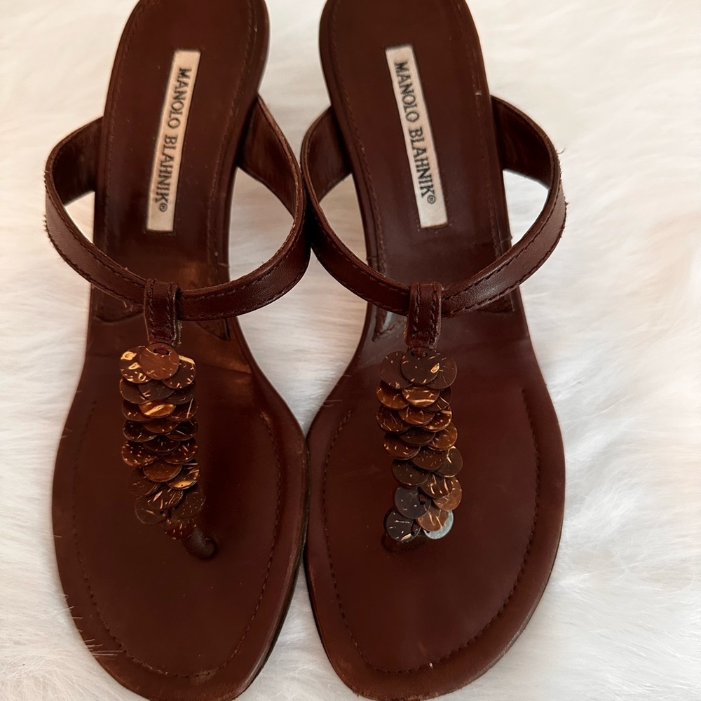 Manolo Blahnik Brown Kitten Heel Sandal